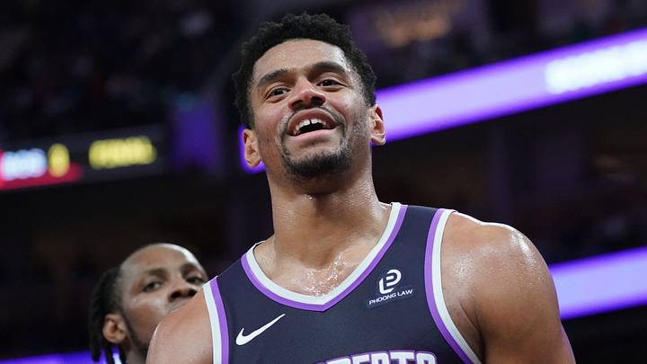Apr 7, 2026; San Francisco, California, USA;  Sacramento Kings center Dylan Cardwell (32) smiles after getting called for a foul against the Golden State Warriors in the fourth quarter at Chase Center. Mandatory Credit: David Gonzales-Imagn Images