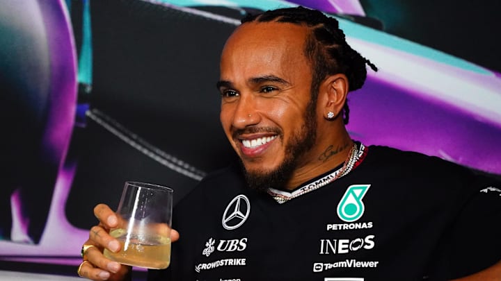 May 2, 2024; Miami Gardens, Florida, USA;  Mercedes driver Lewis Hamilton (44) during a press conference in advance of the Miami Grand Prix at the Miami International Autodrome. Mandatory Credit: John David Mercer-USA TODAY Sports