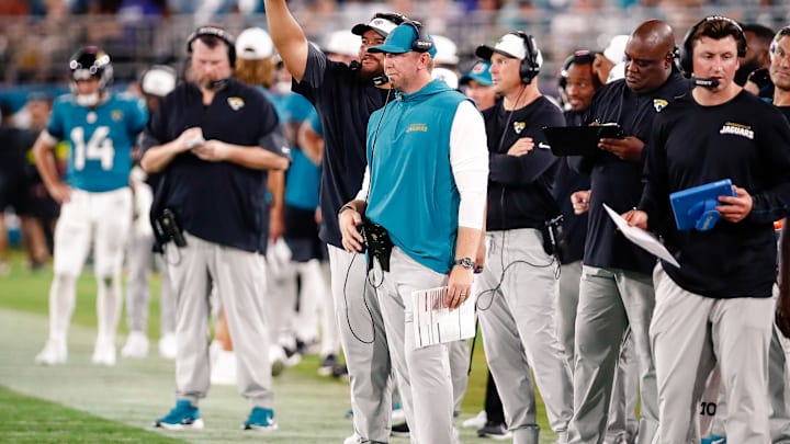 Aug 9, 2025; Jacksonville, Florida, USA; Jacksonville Jaguars head coach Liam Coen stands on the sidelines during a preseason game against the Pittsburgh Steelers at EverBank Stadium. Mandatory Credit: Travis Register-Imagn Images