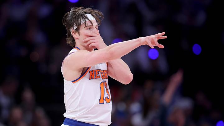 May 4, 2026; New York, New York, USA; New York Knicks guard Tyler Kolek (13) celebrates his three point shot against the Philadelphia 76ers during the fourth quarter of game one of the eastern conference semifinal round of the 2026 NBA Playoffs at Madison Square Garden. Mandatory Credit: Brad Penner-Imagn Images