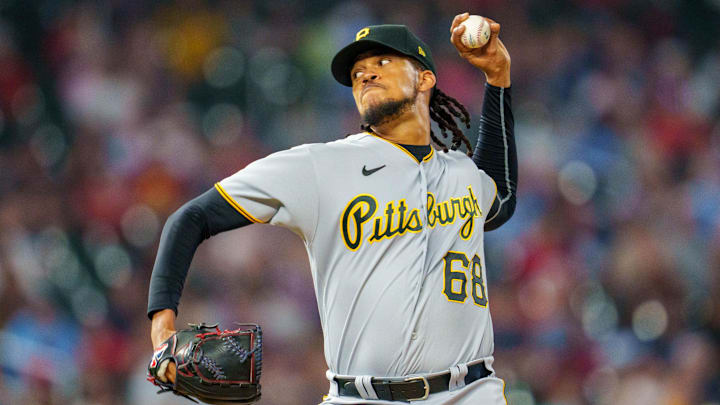 Aug 18, 2023; Minneapolis, Minnesota, USA; Pittsburgh Pirates relief pitcher Angel Perdomo (68) pitches to the Minnesota Twins in the bottom of the seventh inning at Target Field. Mandatory Credit: Matt Blewett-Imagn Images