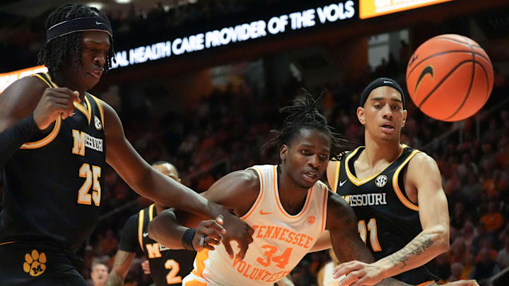 The ball goes out of bounds before Missouri's Mark Mitchell (25), Trent Pierce (11) and Tennessee's Gavin Paull (24) during an NCAA college basketball game on Wednesday, Feb. 5, 2025, in Knoxville, Tenn. The ball goes out of bounds before Missouri's Mark Mitchell (25), Trent Pierce (11) and Tennessee's Gavin Paull (24) during an NCAA college basketball game on Wednesday, Feb. 5, 2025, in Knoxville, Tenn.