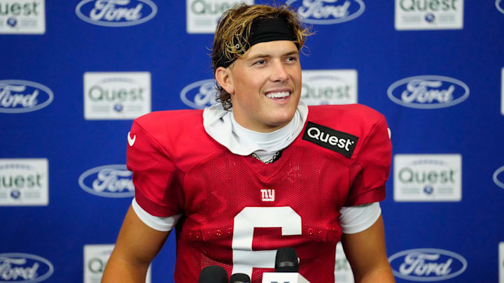 New York Giants quarterback Jaxson Dart (6) speaks to the press, Sunday, July 27, 2025, in East Rutherford.