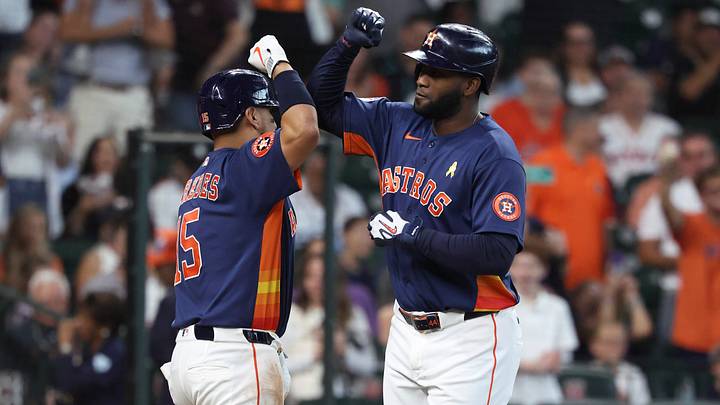 Houston Astros designated hitter Yordan Alvarez (44) celebrates with third baseman Isaac Paredes (15) after hitting a home run. Credit: Troy Taormina-Imagn Images Houston Astros designated hitter Yordan Alvarez (44) celebrates with third baseman Isaac Paredes (15) after hitting a home run. Credit: Troy Taormina-Imagn Images