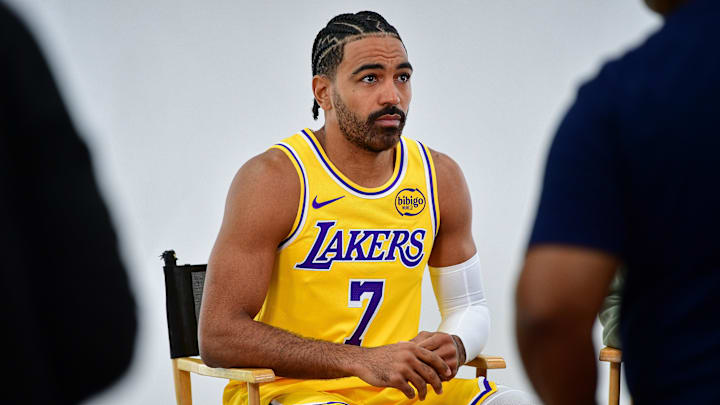 Sep 29, 2025; Los Angeles, CA, USA; Los Angeles Lakers guard Gabe Vincent (7) during media day at UCLA Health Training Center. Mandatory Credit: Gary A. Vasquez-Imagn Images Sep 29, 2025; Los Angeles, CA, USA; Los Angeles Lakers guard Gabe Vincent (7) during media day at UCLA Health Training Center. Mandatory Credit: Gary A. Vasquez-Imagn Images