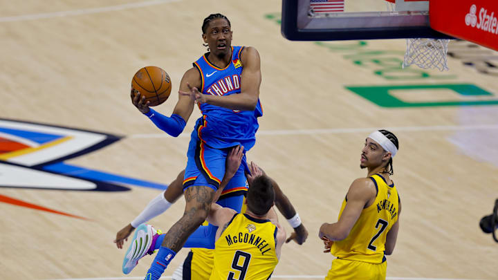 Jalen Williams goes up to the basket during Game 2 of the NBA Finals as the Thunder evened the series 1–1.