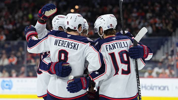 Mar 24, 2026; Philadelphia, Pennsylvania, USA; Columbus Blue Jackets defenseman Zach Werenski (8) celebrates with teammates after scoring a goal against the Philadelphia Flyers in the second period at Xfinity Mobile Arena. Mandatory Credit: Kyle Ross-Imagn Images Mar 24, 2026; Philadelphia, Pennsylvania, USA; Columbus Blue Jackets defenseman Zach Werenski (8) celebrates with teammates after scoring a goal against the Philadelphia Flyers in the second period at Xfinity Mobile Arena. Mandatory Credit: Kyle Ross-Imagn Images