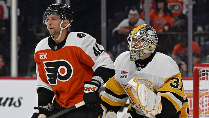 Apr 25, 2026; Philadelphia, Pennsylvania, USA; Philadelphia Flyers center Luke Glendening (41) battle for position with Pittsburgh Penguins goaltender Arturs Silovs (37) during the first period in game four of the first round of the 2026 Stanley Cup Playoffs at Xfinity Mobile Arena. Mandatory Credit: Eric Hartline-Imagn Images Apr 25, 2026; Philadelphia, Pennsylvania, USA; Philadelphia Flyers center Luke Glendening (41) battle for position with Pittsburgh Penguins goaltender Arturs Silovs (37) during the first period in game four of the first round of the 2026 Stanley Cup Playoffs at Xfinity Mobile Arena. Mandatory Credit: Eric Hartline-Imagn Images