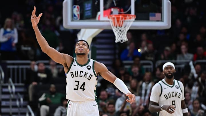 Nov 7, 2024; Milwaukee, Wisconsin, USA; Milwaukee Bucks forward Giannis Antetokounmpo (34) gestures in the fourth quarter against the Utah Jazz at Fiserv Forum. Mandatory Credit: Benny Sieu-Imagn Images Nov 7, 2024; Milwaukee, Wisconsin, USA; Milwaukee Bucks forward Giannis Antetokounmpo (34) gestures in the fourth quarter against the Utah Jazz at Fiserv Forum. Mandatory Credit: Benny Sieu-Imagn Images