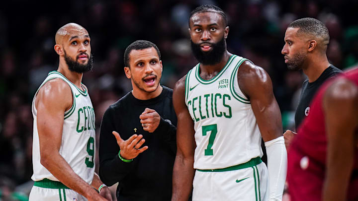 Dec 14, 2023; Boston, Massachusetts, USA; Boston Celtics head coach Joe Mazzulla talks with guard