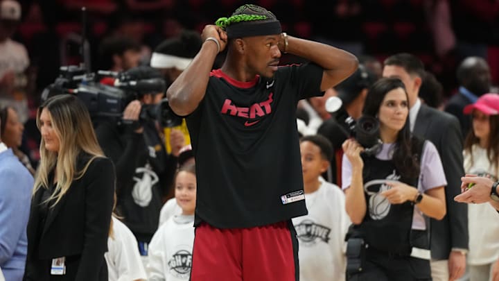 Jan 2, 2025; Miami, Florida, USA; Miami Heat forward Jimmy Butler (22) gets ready for pregame warm-ups before the start of the game against the Indiana Pacers at Kaseya Center. Mandatory Credit: Jim Rassol-Imagn Images Jan 2, 2025; Miami, Florida, USA; Miami Heat forward Jimmy Butler (22) gets ready for pregame warm-ups before the start of the game against the Indiana Pacers at Kaseya Center. Mandatory Credit: Jim Rassol-Imagn Images