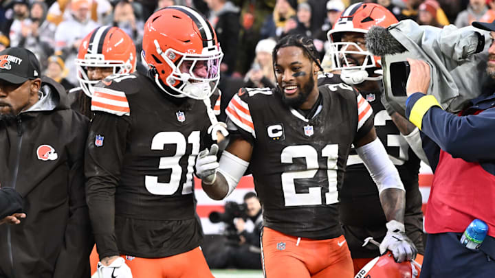Dec 28, 2025; Cleveland, Ohio, USA;  Cleveland Browns cornerback Denzel Ward (21) and safety Donovan McMillon (31) celebrate after the game against the Pittsburgh Steelers at Huntington Bank Field. Mandatory Credit: Ken Blaze-Imagn Images