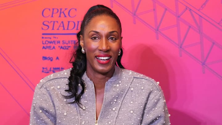 Nov 22, 2024; Kansas City, Missouri, USA; Former NBA player and olympic athlete Lisa Leslie speaks during a DEI Summit ahead of the 2024 NWSL Championship match at Union Station. Mandatory Credit: Denny Medley-Imagn Images