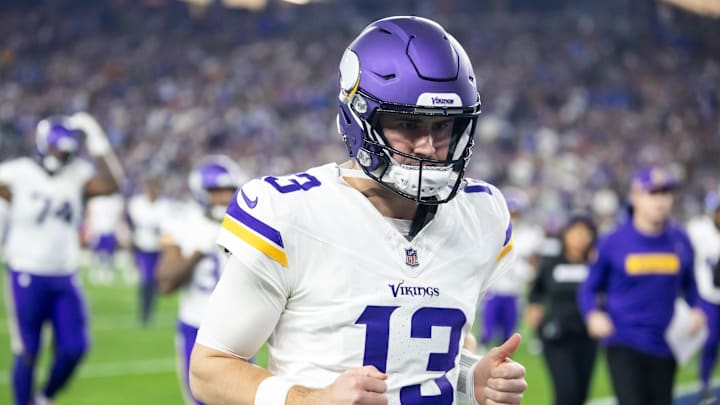 Jan 13, 2025; Glendale, AZ, USA; Minnesota Vikings quarterback Daniel Jones (13) against the Los Angeles Rams during an NFC wild card game at State Farm Stadium. Jan 13, 2025; Glendale, AZ, USA; Minnesota Vikings quarterback Daniel Jones (13) against the Los Angeles Rams during an NFC wild card game at State Farm Stadium.