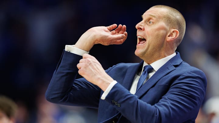 Feb 11, 2025; Lexington, Kentucky, USA; Kentucky Wildcats head coach Mark Pope reacts to a call made by a referee during the first half against the Tennessee Volunteers at Rupp Arena at Central Bank Center. Mandatory Credit: Jordan Prather-Imagn Images Feb 11, 2025; Lexington, Kentucky, USA; Kentucky Wildcats head coach Mark Pope reacts to a call made by a referee during the first half against the Tennessee Volunteers at Rupp Arena at Central Bank Center. Mandatory Credit: Jordan Prather-Imagn Images