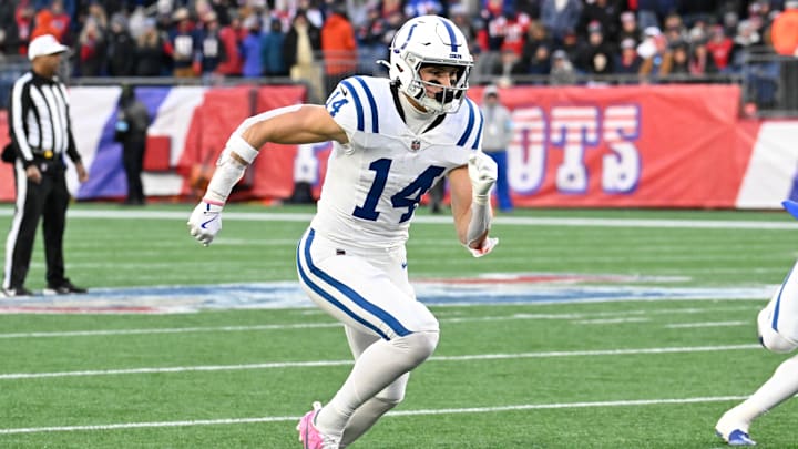 Dec 1, 2024; Foxborough, Massachusetts, USA; Indianapolis Colts wide receiver Alec Pierce (14) runs a route during the second half against the New England Patriots at Gillette Stadium.