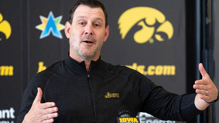 Iowa football Offensive Coordinator Tim Lester speaks during a press conference April 22, 2026 at the Hansen Performance Center in Iowa City, Iowa. Iowa football Offensive Coordinator Tim Lester speaks during a press conference April 22, 2026 at the Hansen Performance Center in Iowa City, Iowa.