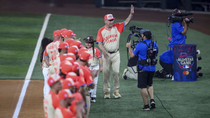 Jul 16, 2024; Arlington, Texas, USA; Bruce Bochy, manager of the America League, before during the 2024 MLB All-Star game at Globe Life Field. Mandatory Credit: Tim Heitman-USA TODAY Sports