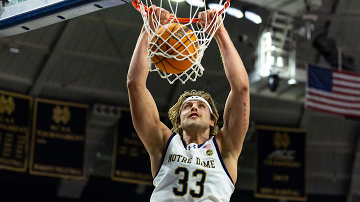 Feb 28, 2026; South Bend, Indiana, USA; Notre Dame Fighting Irish forward Carson Towt (33) dunks against the NC State Wolfpack during the first half at Purcell Pavilion at the Joyce Center. Mandatory Credit: Michael Caterina-Imagn Images