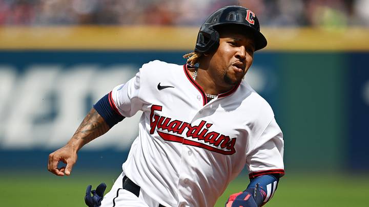 Aug 2, 2026; Cleveland, Ohio, USA; Cleveland Guardians designated hitter Jose Ramirez (11) rounds third base en route to scoring during the fifth inning against the Arizona Diamondbacks at Progressive Field. Mandatory Credit: Ken Blaze-Imagn Images