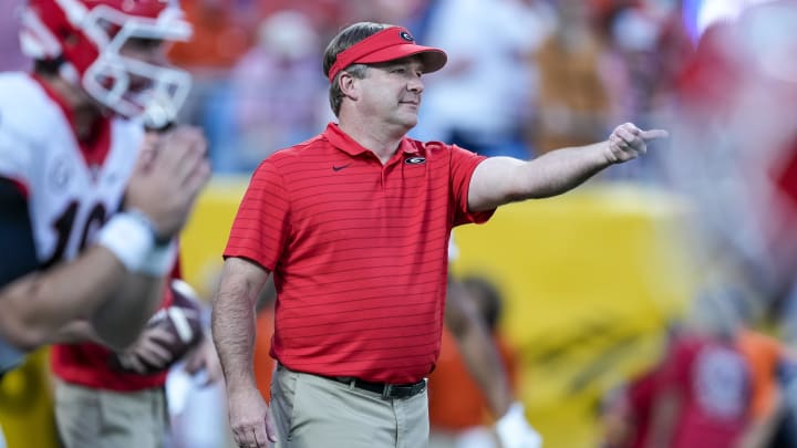 Sep 4, 2021; Charlotte, North Carolina, USA; Georgia Bulldogs head coach Kirby Smart during warm ups before the start of the first quarter against the Clemson Tigers at Bank of America Stadium. Mandatory Credit: Jim Dedmon-USA TODAY Sports