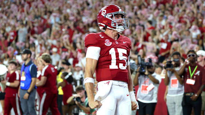 Sep 6, 2025; Tuscaloosa, Alabama, USA; Alabama Crimson Tide quarterback Ty Simpson (15) reacts after a short-lived touchdown that was called back during the second quarter against the Louisiana Monroe Warhawks at Saban Field at Bryant-Denny Stadium. Mandatory Credit: David Leong-Imagn Images Sep 6, 2025; Tuscaloosa, Alabama, USA; Alabama Crimson Tide quarterback Ty Simpson (15) reacts after a short-lived touchdown that was called back during the second quarter against the Louisiana Monroe Warhawks at Saban Field at Bryant-Denny Stadium. Mandatory Credit: David Leong-Imagn Images