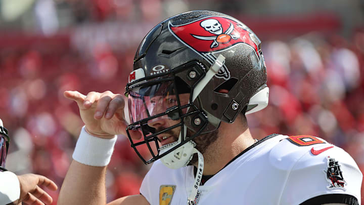 Nov 10, 2024; Tampa, Florida, USA; Tampa Bay Buccaneers quarterback Baker Mayfield (6) San Francisco 49ers prior to the game at Raymond James Stadium. Mandatory Credit: Kim Klement Neitzel-Imagn Images