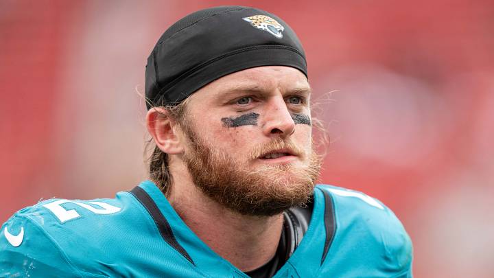 September 28, 2025; Santa Clara, California, USA; Jacksonville Jaguars safety Andrew Wingard (42) after the game against the San Francisco 49ers at Levi's Stadium. Mandatory Credit: Kyle Terada-Imagn Images