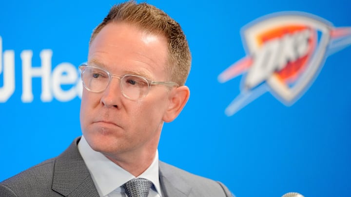 Thunder general manager Sam Presti speaks during an introductory press conference for the 2024 Thunder draft picks at Oklahoma Contemporary Arts Center in Oklahoma City, Saturday, June, 29, 2024.