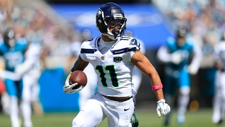 Seattle Seahawks wide receiver Jaxon Smith-Njigba (11) rushes for yards during the second quarter of an NFL football matchup, Sunday, Oct. 12, 2025, at EverBank Stadium in Jacksonville, Fla. The Seahawks defeated the Jaguars 20-12. Seattle Seahawks wide receiver Jaxon Smith-Njigba (11) rushes for yards during the second quarter of an NFL football matchup, Sunday, Oct. 12, 2025, at EverBank Stadium in Jacksonville, Fla. The Seahawks defeated the Jaguars 20-12.