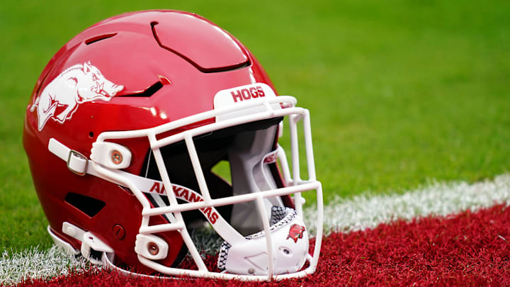Oct 14, 2023; Tuscaloosa, Alabama, USA; Arkansas Razorbacks helmet seen on the field before their game against the Alabama Crimson Tide at Bryant-Denny Stadium. Mandatory Credit: John David Mercer-Imagn Images