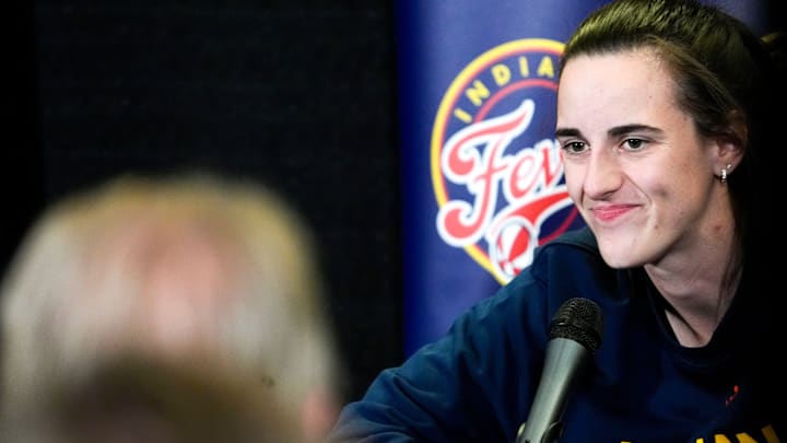 Indiana Fever guard Caitlin Clark (22) talks to media before an Indiana Fever game against the Brazil National Team May 4, 2025 at Carver-Hawkeye Arena in Iowa City, Iowa. Indiana Fever guard Caitlin Clark (22) talks to media before an Indiana Fever game against the Brazil National Team May 4, 2025 at Carver-Hawkeye Arena in Iowa City, Iowa.