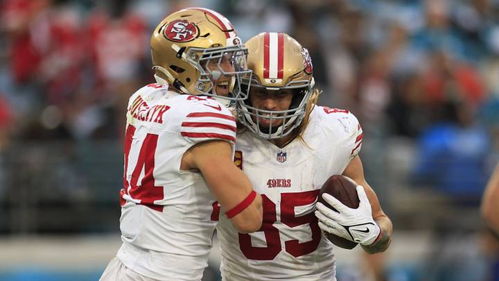 San Francisco 49ers fullback Kyle Juszczyk (44) scores a touchdown as tight end George Kittle (85) celebrates with him during the fourth quarter of an NFL football game Sunday, Nov. 12, 2023 at EverBank Stadium in Jacksonville, Fla. The San Francisco 49ers defeated the Jacksonville Jaguars 34-3. [Corey Perrine/Florida Times-Union]
