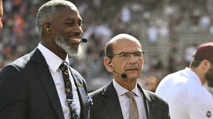 Sep 23, 2023; College Station, Texas, USA; SEC Nation Roman Harper (left) and Paul Finebaum (right) speak on the sideline during pre-game between the Texas A&M Aggies and the Auburn Tigers at Kyle Field. Mandatory Credit: Maria Lysaker-Imagn Images Sep 23, 2023; College Station, Texas, USA; SEC Nation Roman Harper (left) and Paul Finebaum (right) speak on the sideline during pre-game between the Texas A&M Aggies and the Auburn Tigers at Kyle Field. Mandatory Credit: Maria Lysaker-Imagn Images