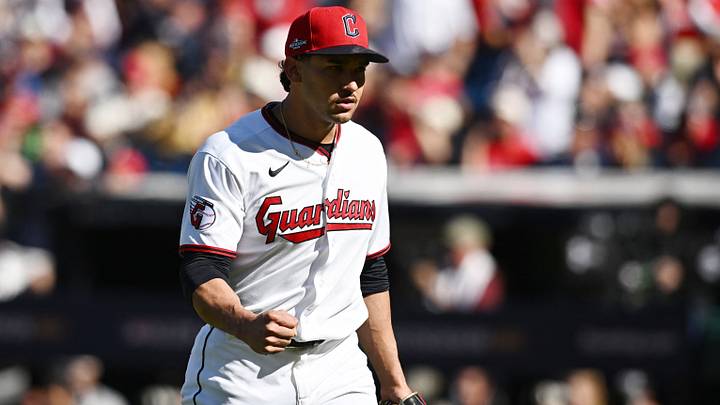 Oct 3, 2026; Cleveland, Ohio, USA;  Cleveland Guardians pitcher Daniel Espino (41) reacts after a double play to end the fifth inning against the Chicago White Sox in game one of the ALDS for the 2026 MLB Playoffs at Progressive Field.  Mandatory Credit: Ken Blaze-Imagn Images