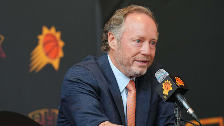 May 17, 2024; Phoenix, AZ, USA; Mike Budenholzer speaks during a press conference to announce his job as head coach of the Phoenix Suns. Mandatory Credit: Joe Camporeale-USA TODAY Sports