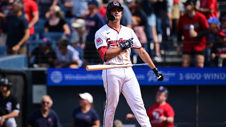 Sep 16, 2026: Cleveland Guardians center fielder Petey Halpin (0) flips his bat after hitting a three-run home run off Chicago White Sox pitcher Sean Newcomb (15) during the sixth inning at Progressive Field. Credit: David Dermer-Imagn Images