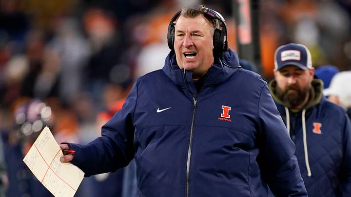 Illinois coach Bret Bielema disputes a call in the first quarter of the Music City Bowl against Tennessee in an NCAA football game on Dec. 30, 2025, in Nashville, Tennessee.