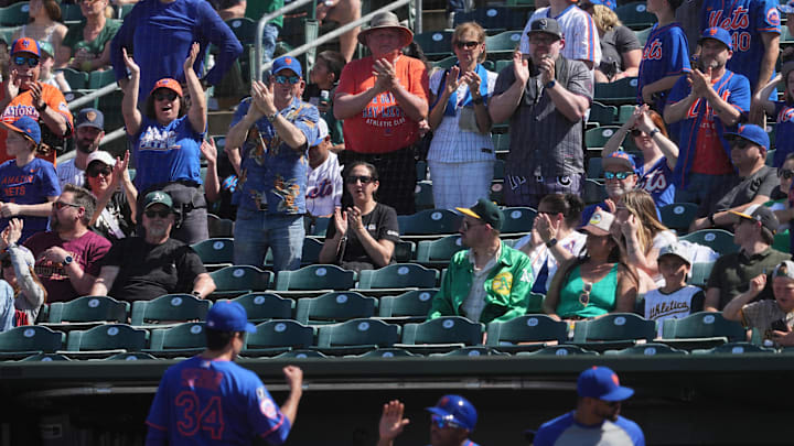 Apr 13, 2025; West Sacramento, California, USA; New York Mets fans cheer as pitcher Kodai Senga (34) walks to the dugout after the end of the seventh inning against the Athletics at Sutter Health Park. Mandatory Credit: Darren Yamashita-Imagn Images