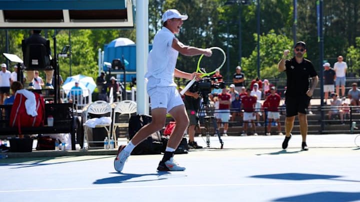 Wake Forest's Lucas Pow celebrates after the Demon Deacons swept Stanford on Saturday morning to advance to the ACC Championship on Sunday. 