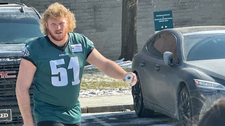 Eagles center Cam Jurgens walks to practice on Jan. 24, 2025.