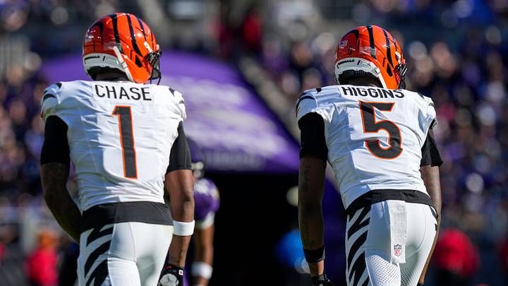 Cincinnati Bengals wide receiver Ja'marr Chase (1) and wide receiver Tee Higgins (5) line up wide together on a play in the fourth quarter of the NFL Week 7 game between the Baltimore Ravens and the Cincinnati Bengals at M&T Bank Stadium in Baltimore on Sunday, Oct. 25, 2026. The Bengals scored 35 points in the second half to win 35-13 on the road.