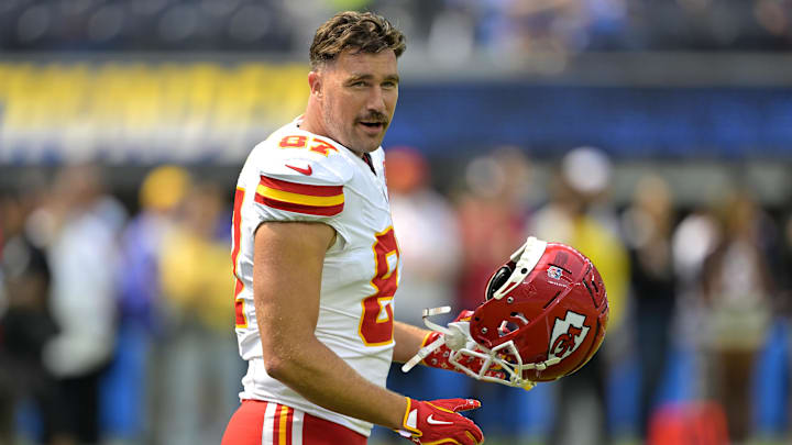 Kansas City Chiefs tight end Travis Kelce looks on before the game against the Los Angeles Chargers.