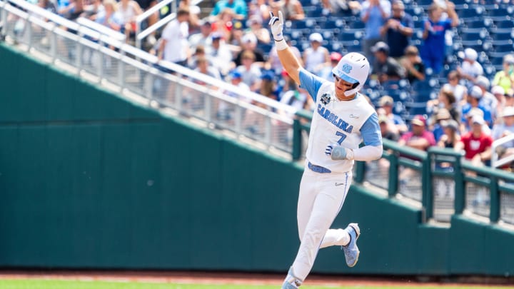Jun 18, 2024; Omaha, NE, USA; North Carolina Tar Heels center fielder Vance Honeycutt (7) celebrates after hitting a three-run home run against the Florida State Seminoles during the fifth inning at Charles Schwab Field Omaha. 