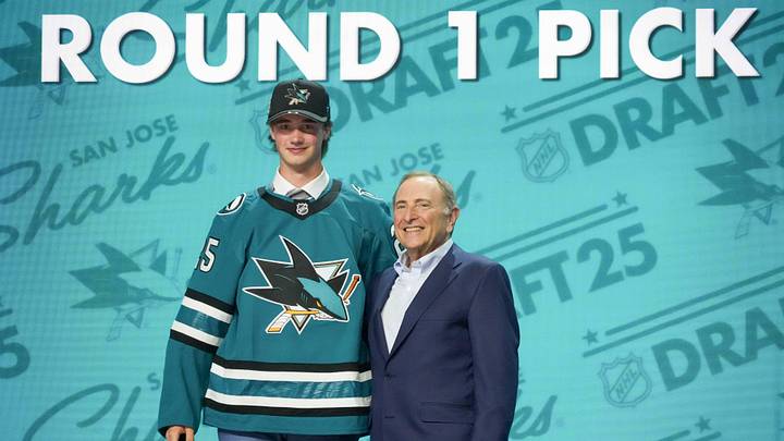 Jun 27, 2025; Los Angeles, California, USA; Joshua Ravensbergen is selected as the 30th overall pick to the San Jose Sharks in the first round of the 2025 NHL Draft at Peacock Theater. Mandatory Credit: Kirby Lee-Imagn Images