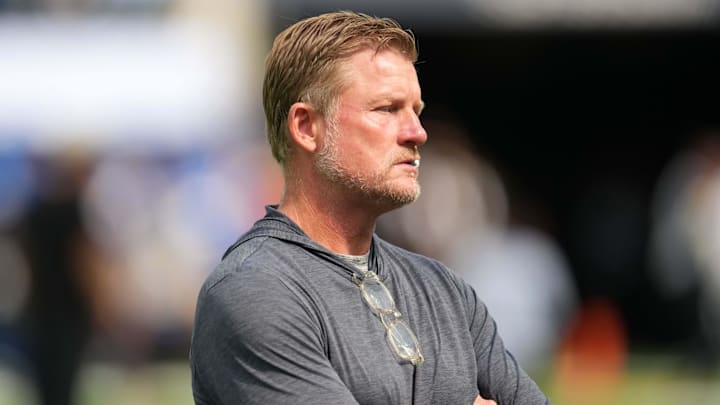 Aug 9, 2025; Inglewood, California, USA; Los Angeles Rams general manager Les Snead watches during the game against the Dallas Cowboys at SoFi Stadium. Mandatory Credit: Kirby Lee-Imagn Images