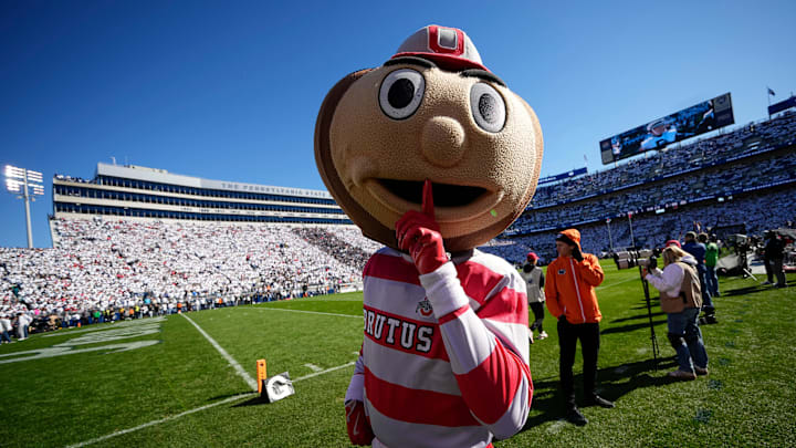 Brutus Buckeye gestures to the crowd before an Ohio State game. 