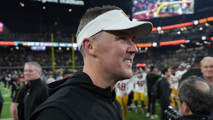 Dec 27, 2024; Las Vegas, NV, USA; Southern California Trojans head coach Lincoln Riley reacts after the game against the Texas A&M Aggies at Allegiant Stadium. Mandatory Credit: Kirby Lee-Imagn Images