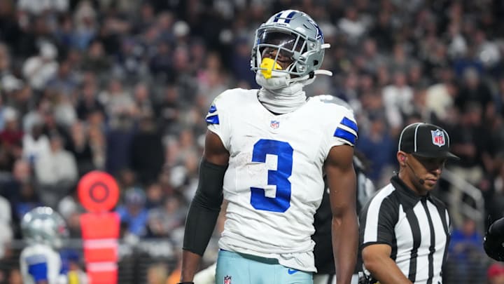 Dallas Cowboys wide receiver George Pickens reacts after making a catch against the Las Vegas Raiders during the second half at Allegiant Stadium.