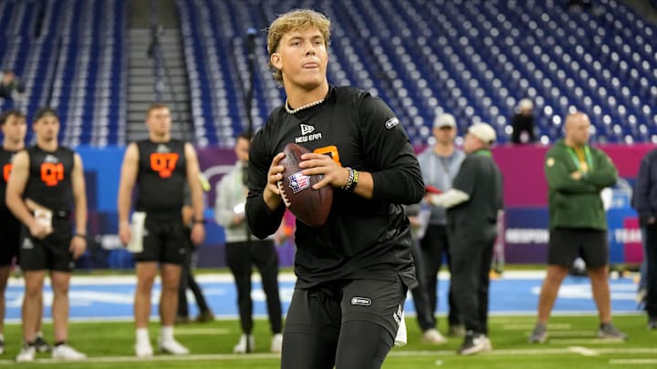 Mar 1, 2025; Indianapolis, IN, USA; Mississippi quarterback Jaxson Dart (QB03) during the 2025 NFL Combine at Lucas Oil Stadium. Mandatory Credit: Kirby Lee-Imagn Images